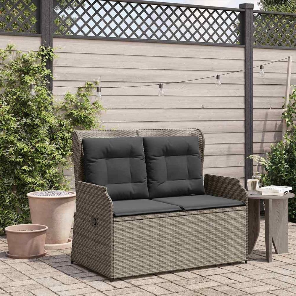 Reclining garden bench with cushions, grey, poly rattan