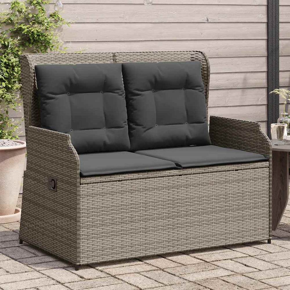 Reclining garden bench with cushions, grey, poly rattan