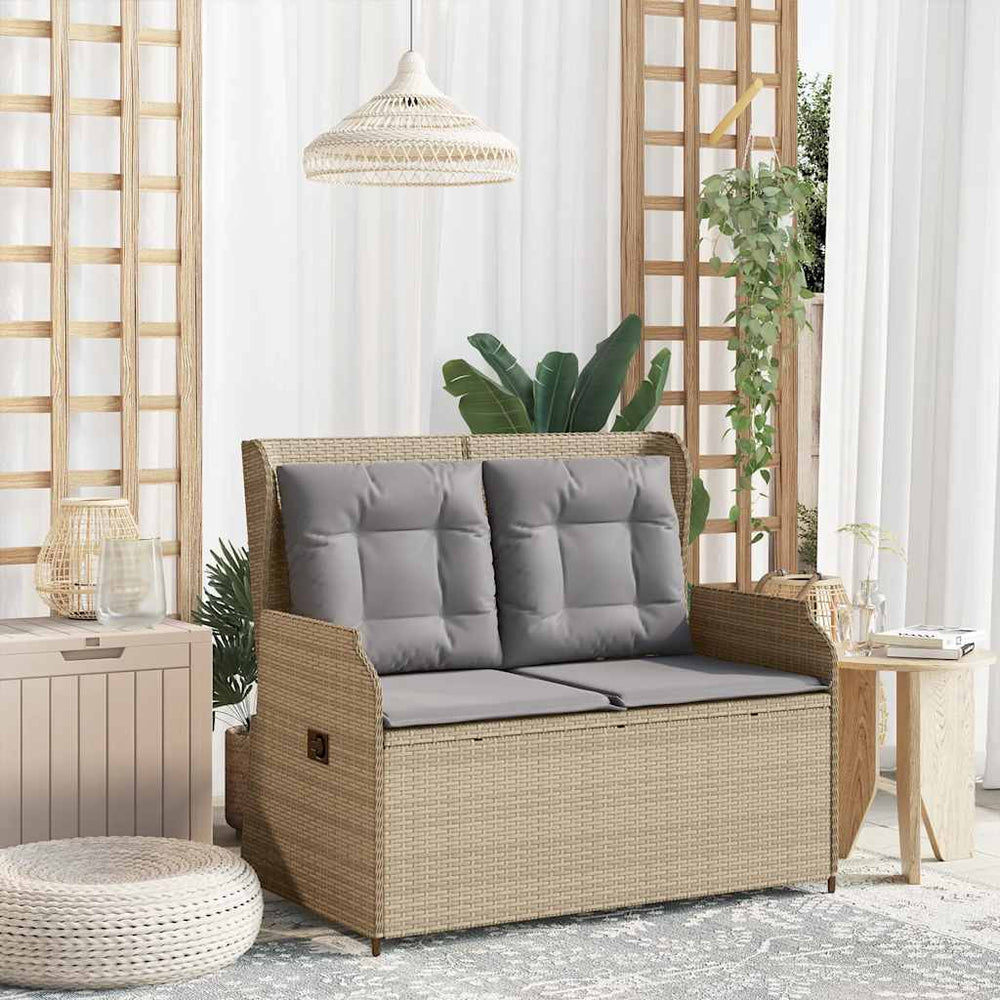 Reclining garden bench with cushions, sand, poly rattan