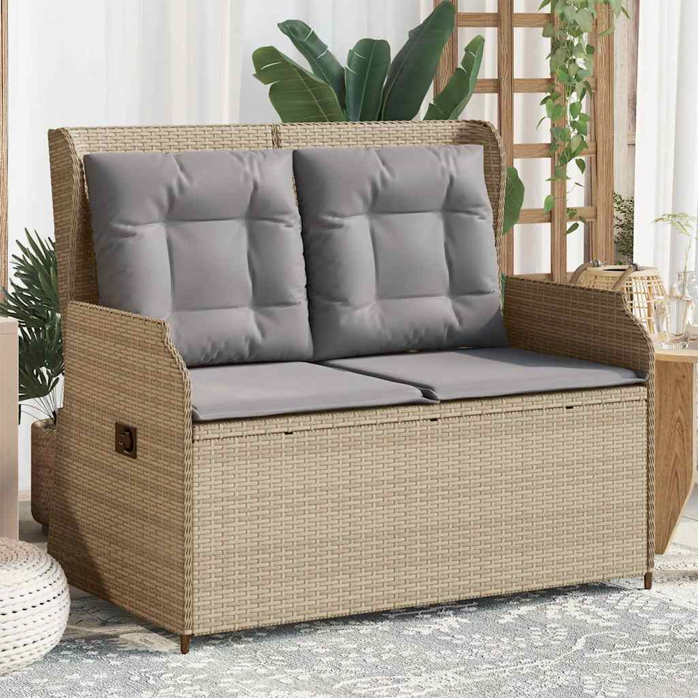 Reclining garden bench with cushions, sand, poly rattan