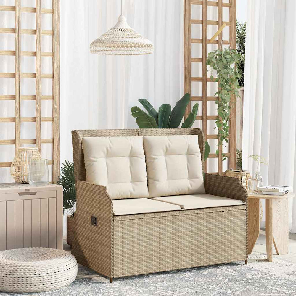 Reclining garden bench with cushions, sand, poly rattan