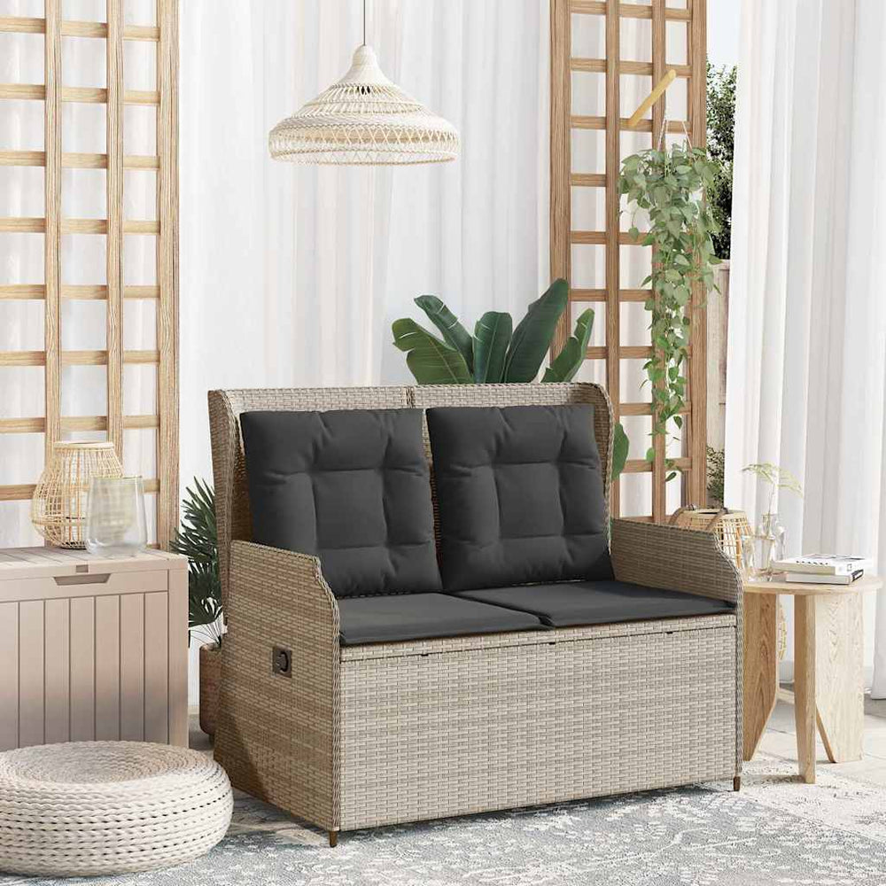 Reclining garden bench with cushions, grey, poly rattan