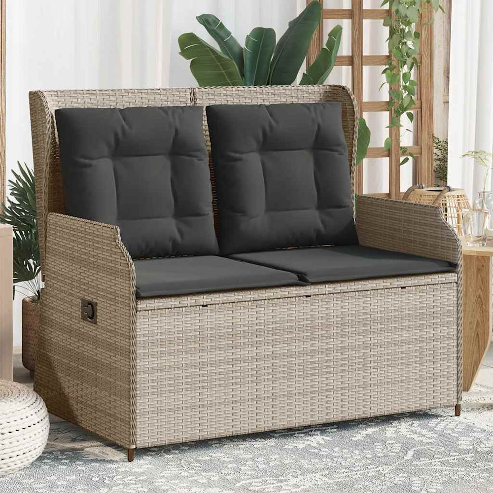 Reclining garden bench with cushions, grey, poly rattan