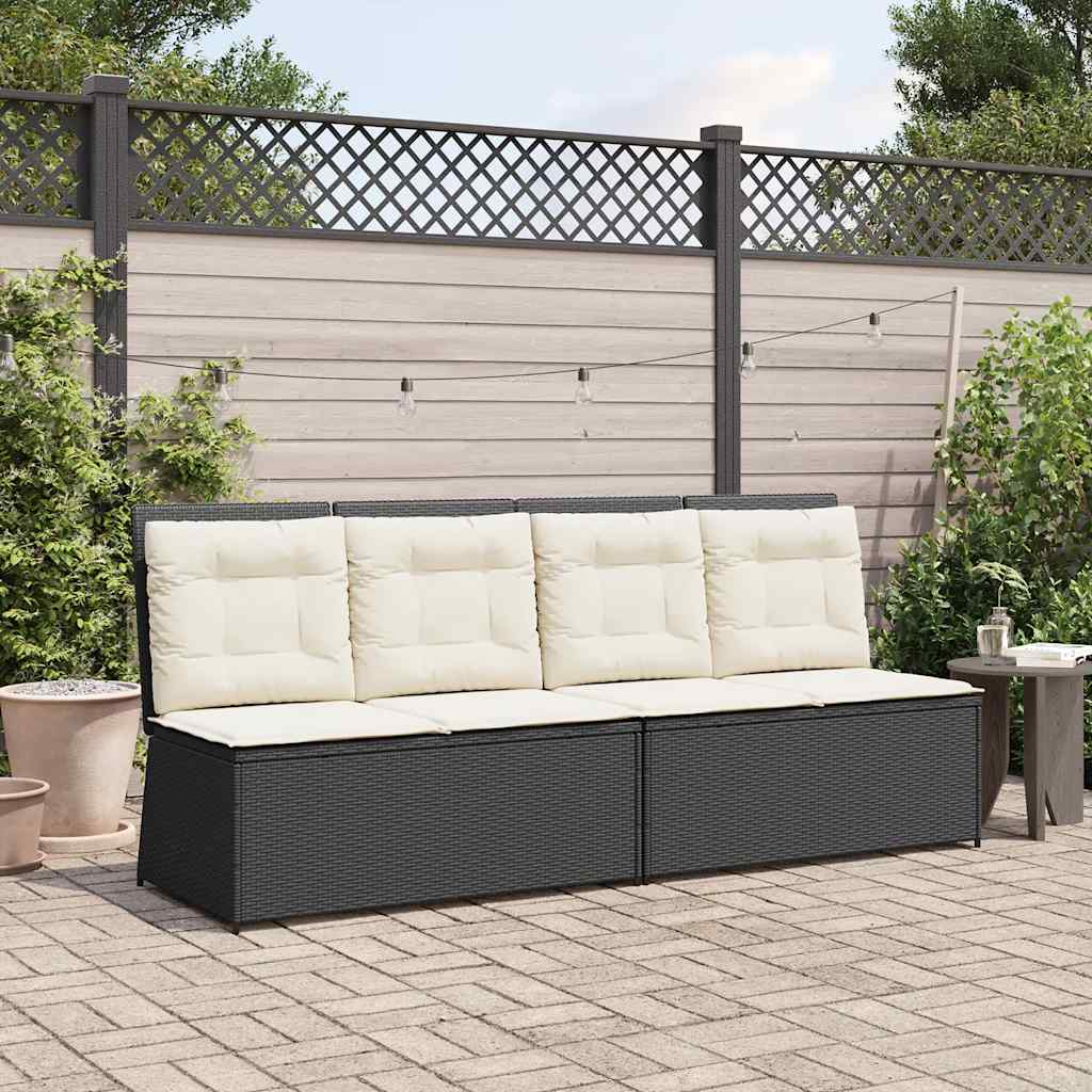 Reclining garden bench with cushions, black, poly rattan