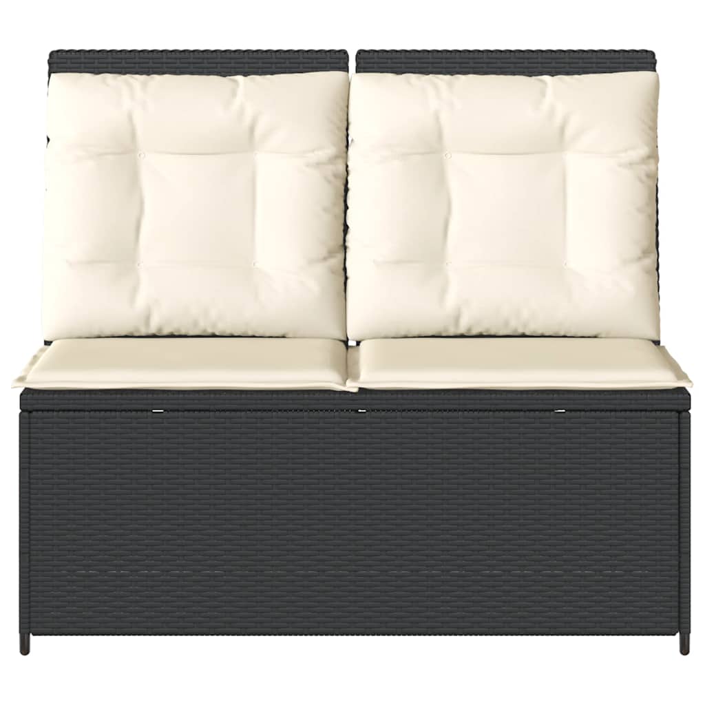 Reclining garden bench with cushions, black, poly rattan