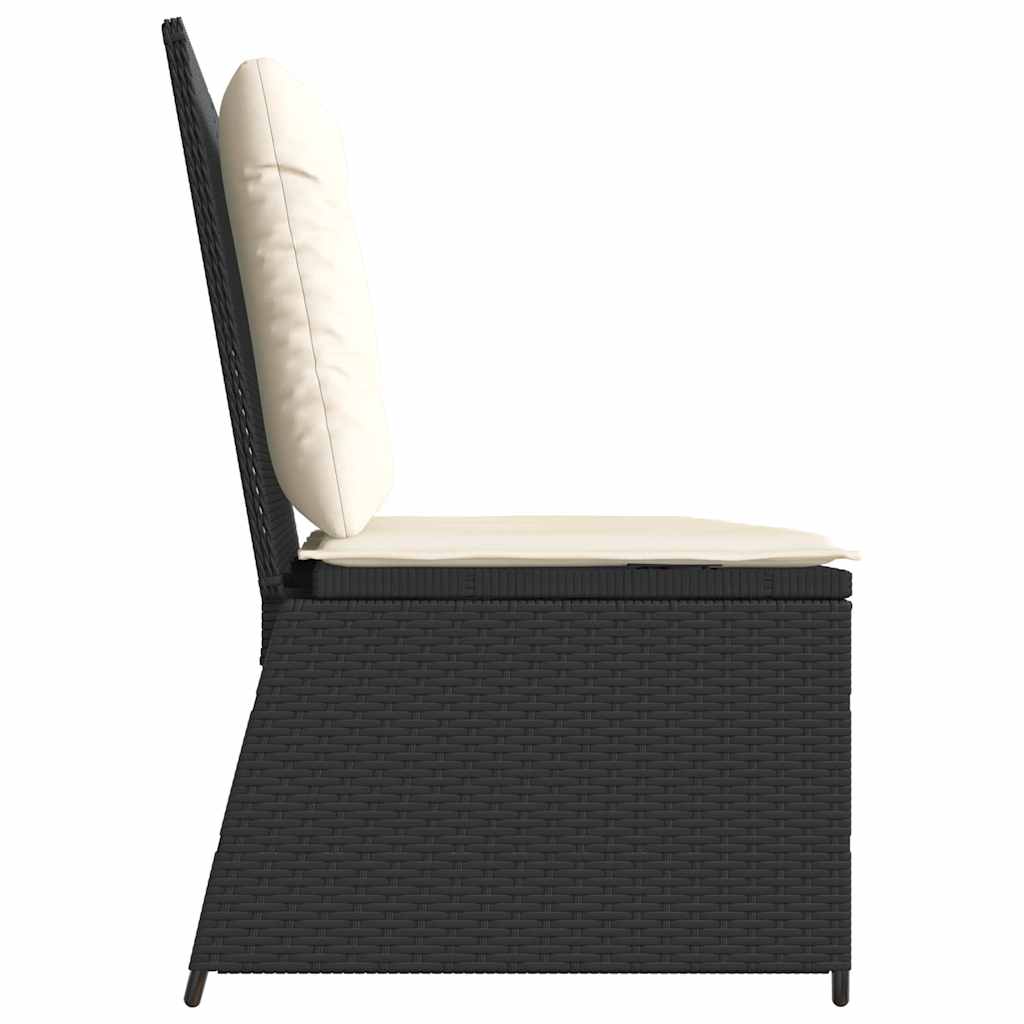 Reclining garden bench with cushions, black, poly rattan