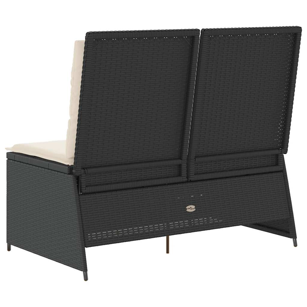Reclining garden bench with cushions, black, poly rattan