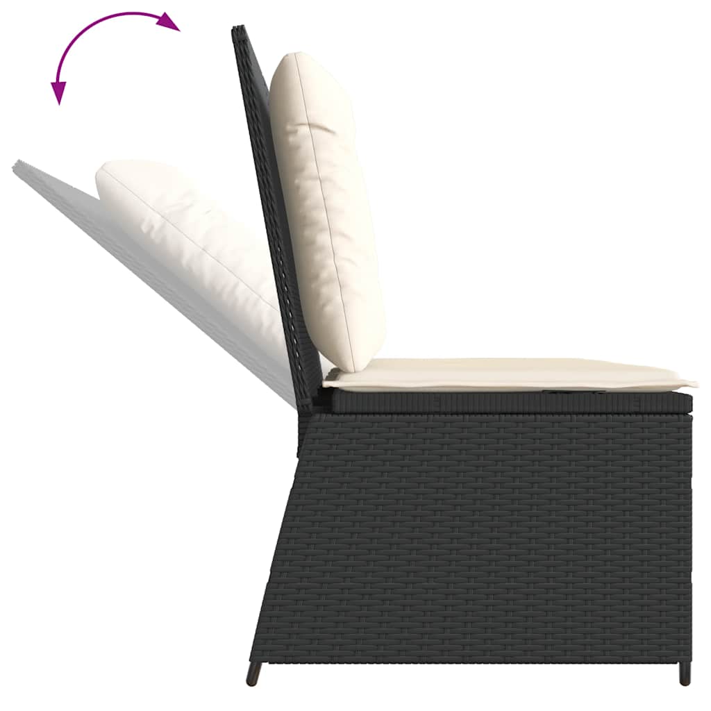 Reclining garden bench with cushions, black, poly rattan