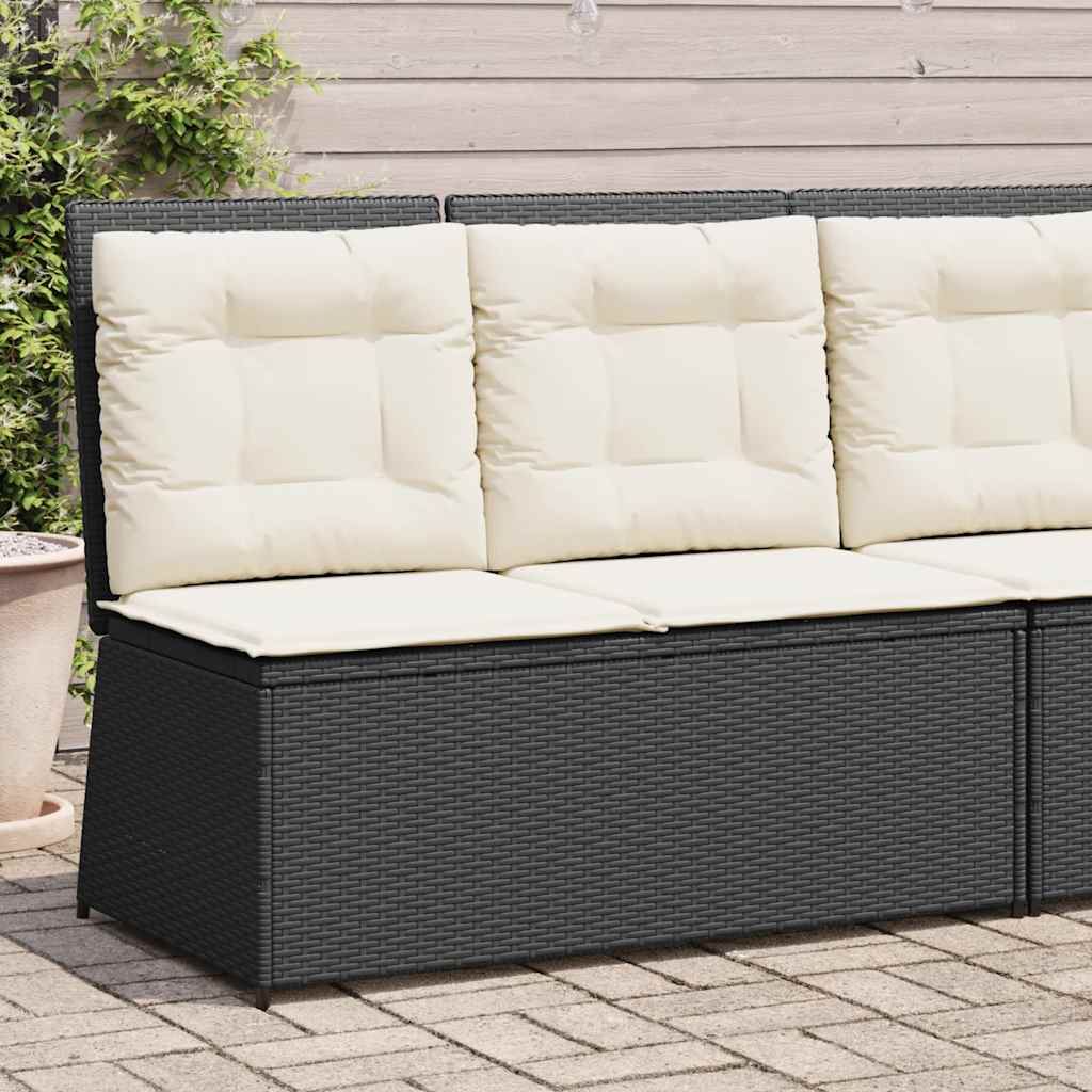 Reclining garden bench with cushions, black, poly rattan
