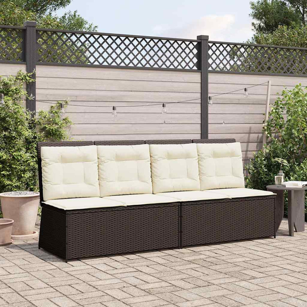 Reclining garden bench with cushions, brown, poly rattan