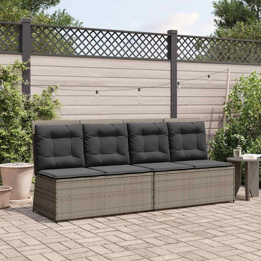 Reclining garden bench with cushions, grey, poly rattan
