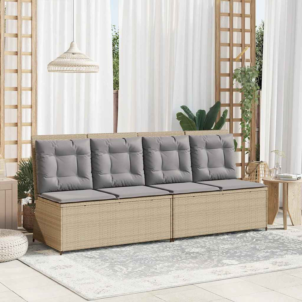 Reclining garden bench with cushions, sand, poly rattan
