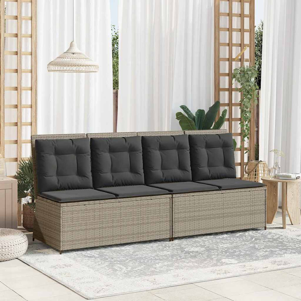 Reclining garden bench with cushions, grey, poly rattan