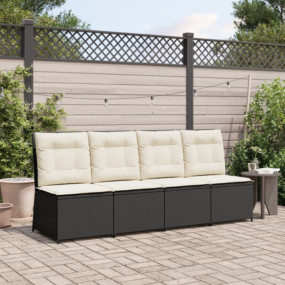 Reclining garden sofa section with cushions, black, poly rattan
