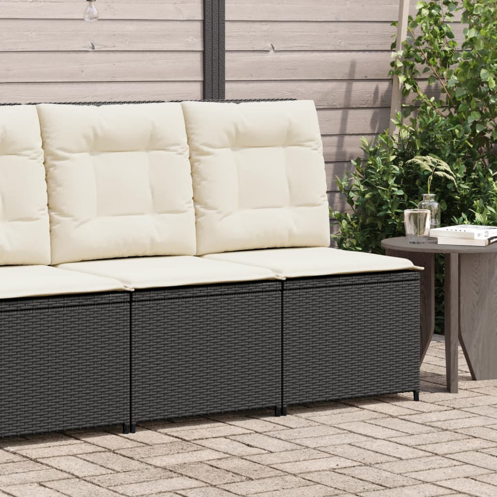 Reclining garden sofa section with cushions, black, poly rattan