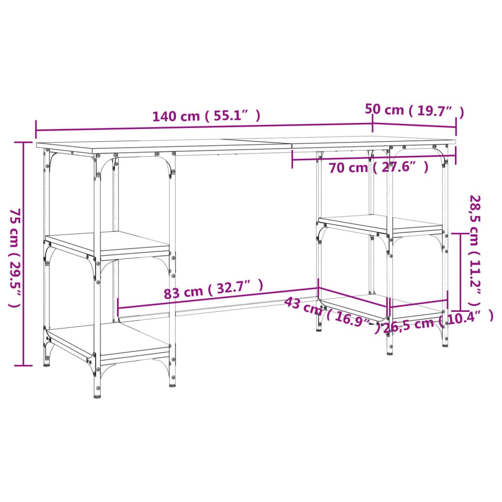 Desk, gray oak, 140x50x75cm, metal/wood