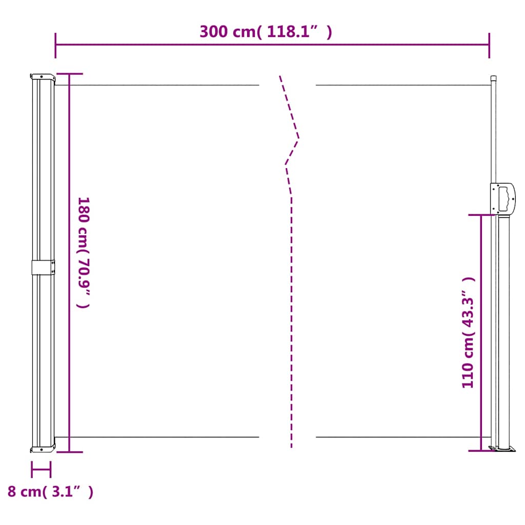 Retractable side awning, anthracite color, 180x300 cm