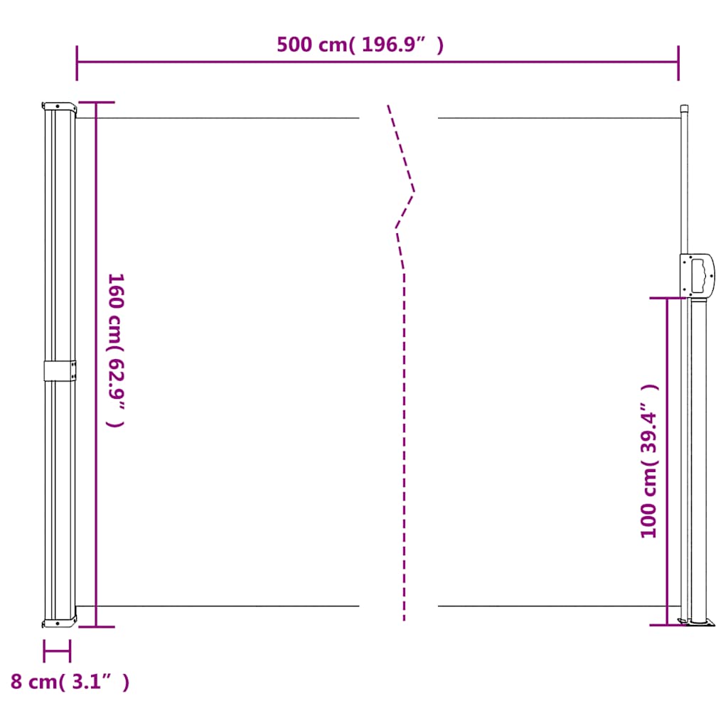 Retractable side awning, taupe, 160x500cm