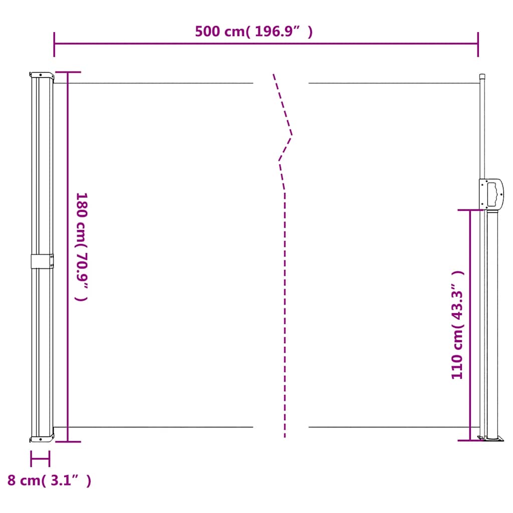 Retractable side awning, taupe, 180x500cm