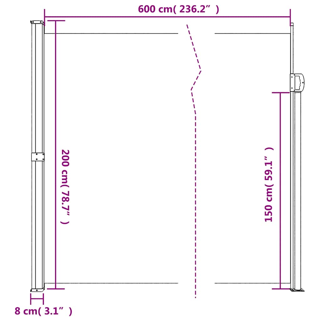 Retractable side awning, taupe color, 200x600cm
