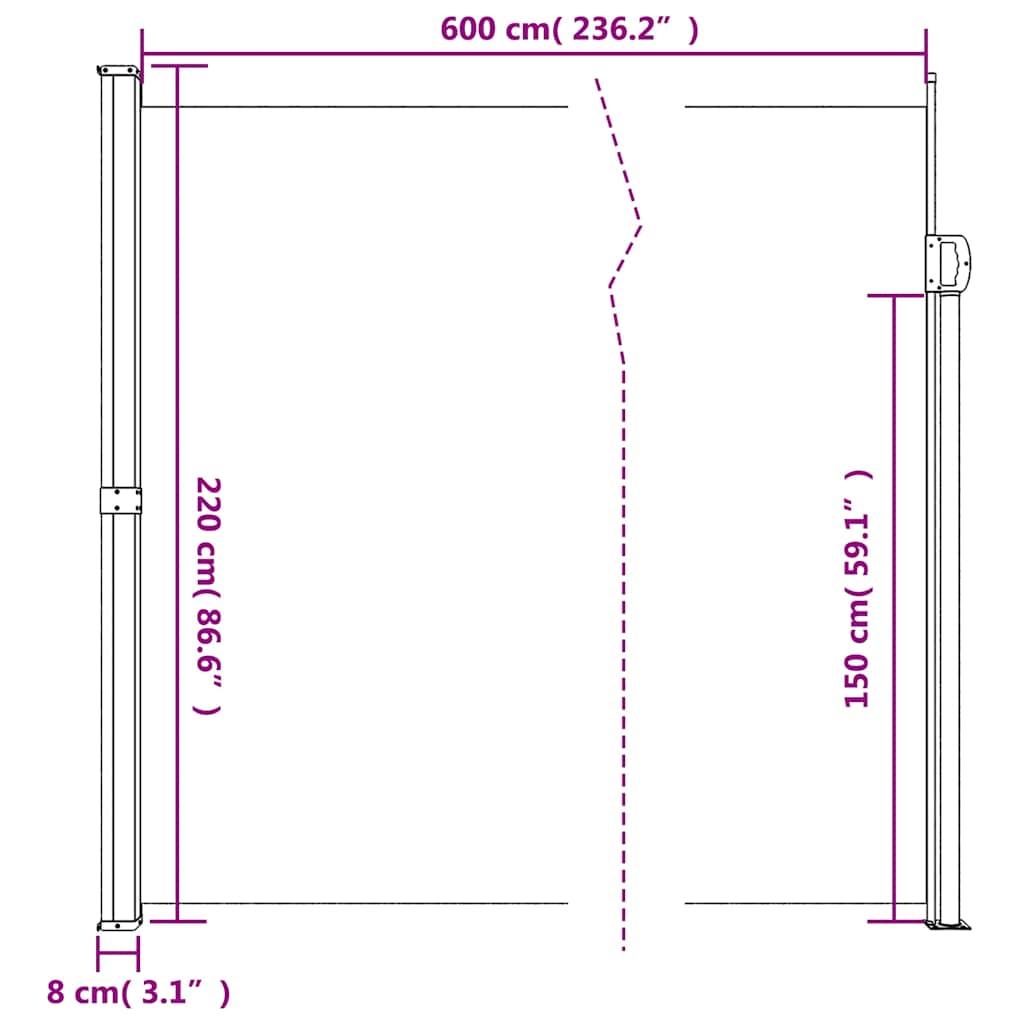 Retractable side awning, white, 220x600cm