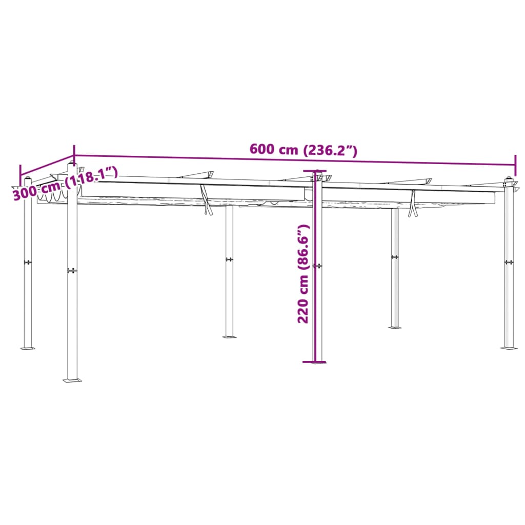 Dārza lapene ar izvelkamu jumtu, tumši pelēka, 3x6 m, alumīnijs