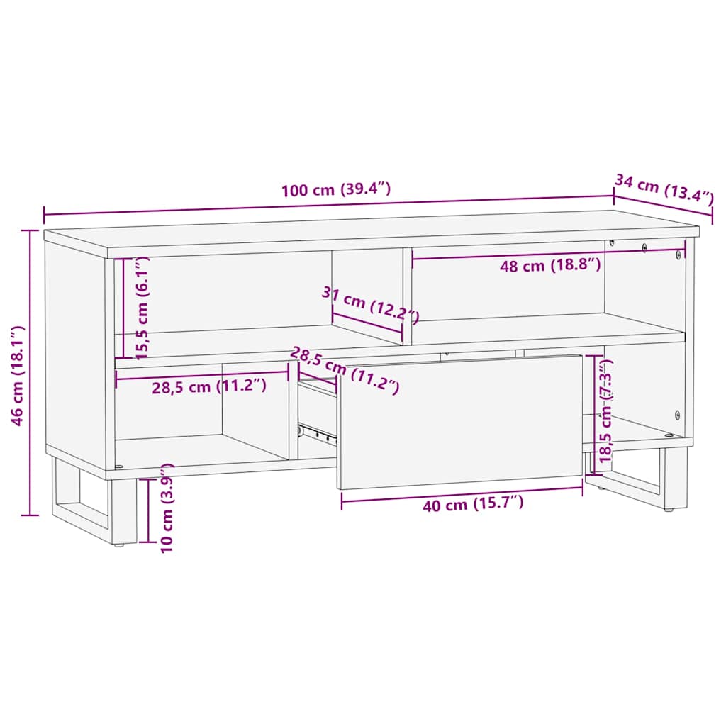 TV cabinet, brown, 100x34x46cm, solid mango wood