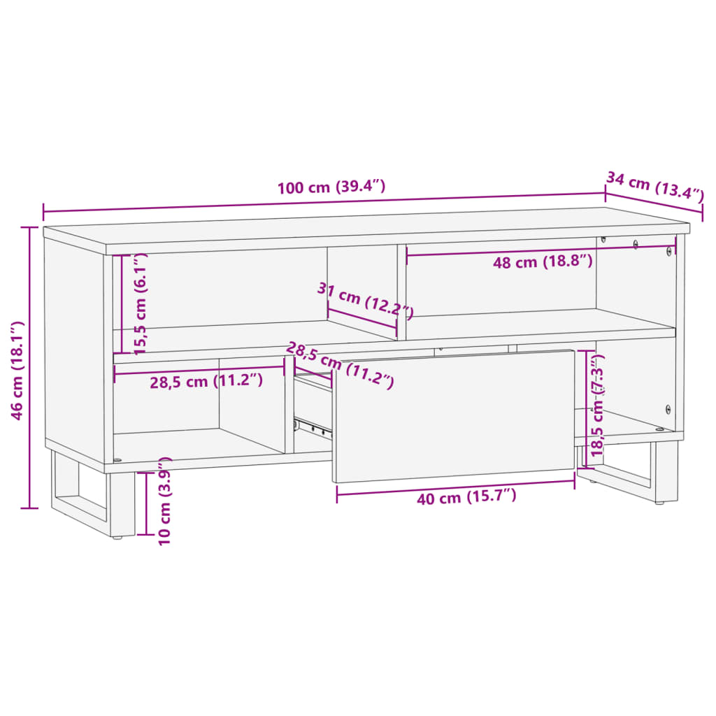 TV cabinet, 100x34x46cm, solid mango wood