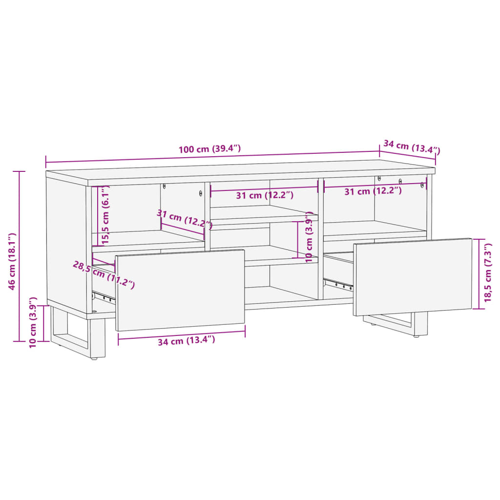 TV cabinet, 100x34x46cm, solid acacia wood