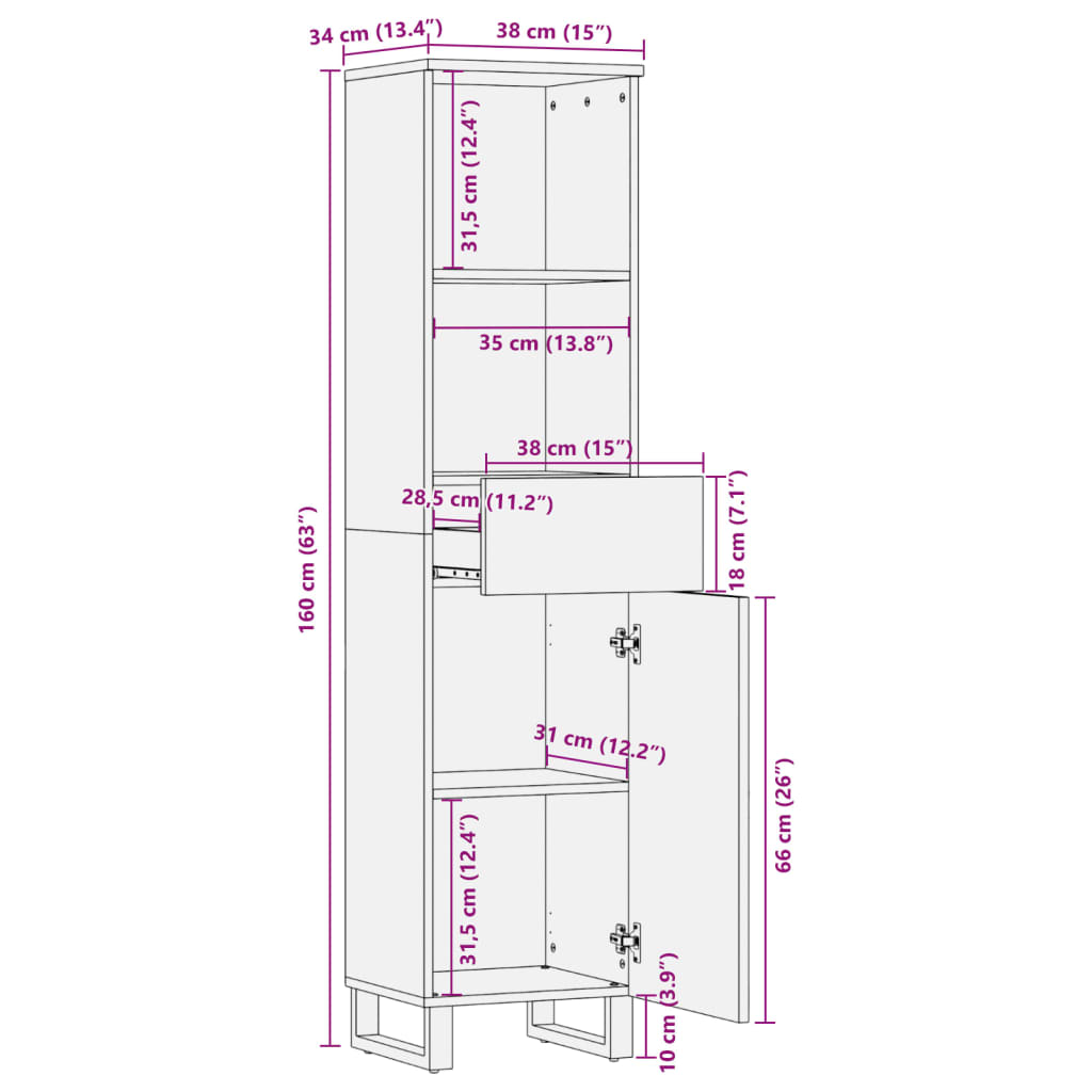 Side cabinet, 38x34x160cm, rough mango wood