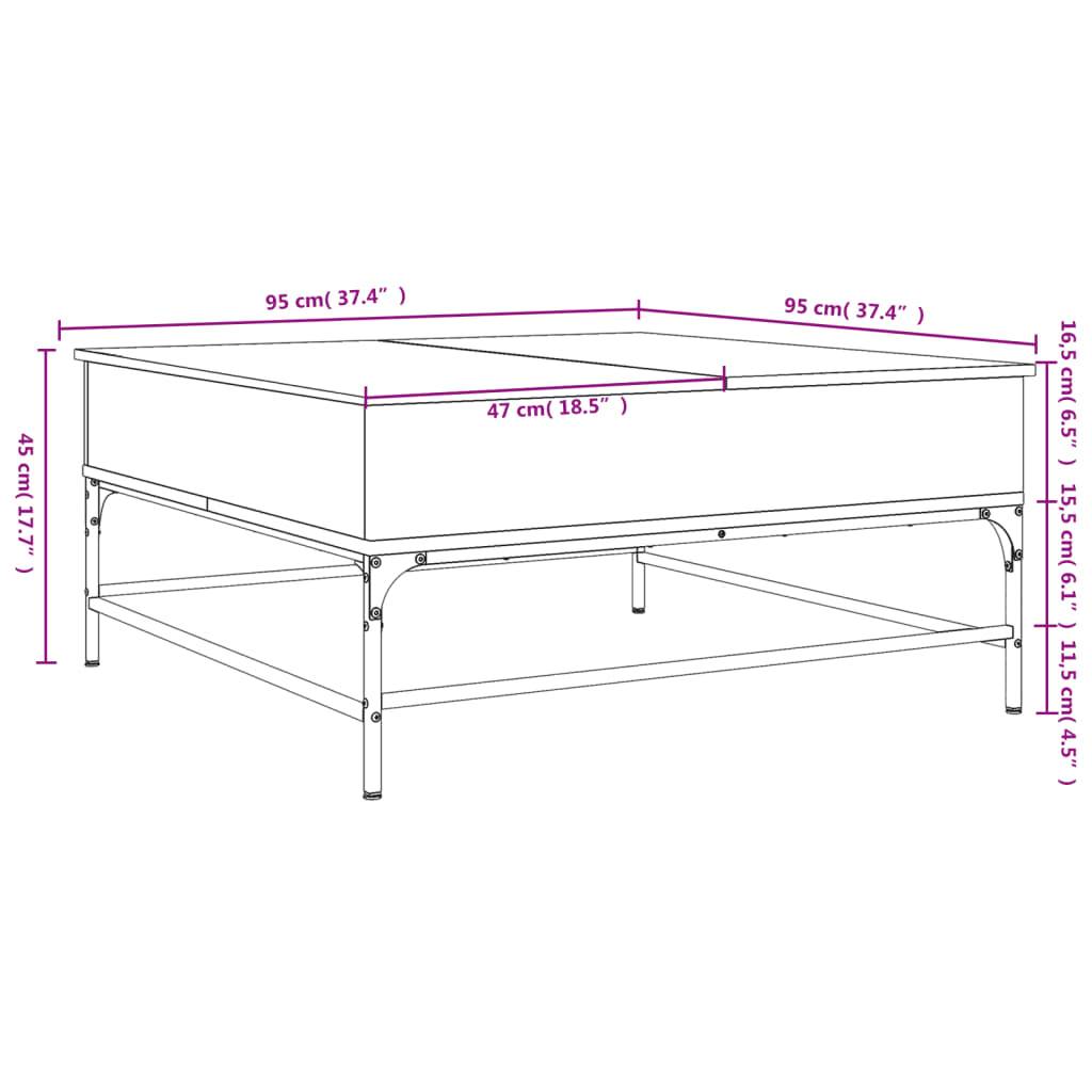 Coffee table, grey oak, 95x95x45cm, wood and metal