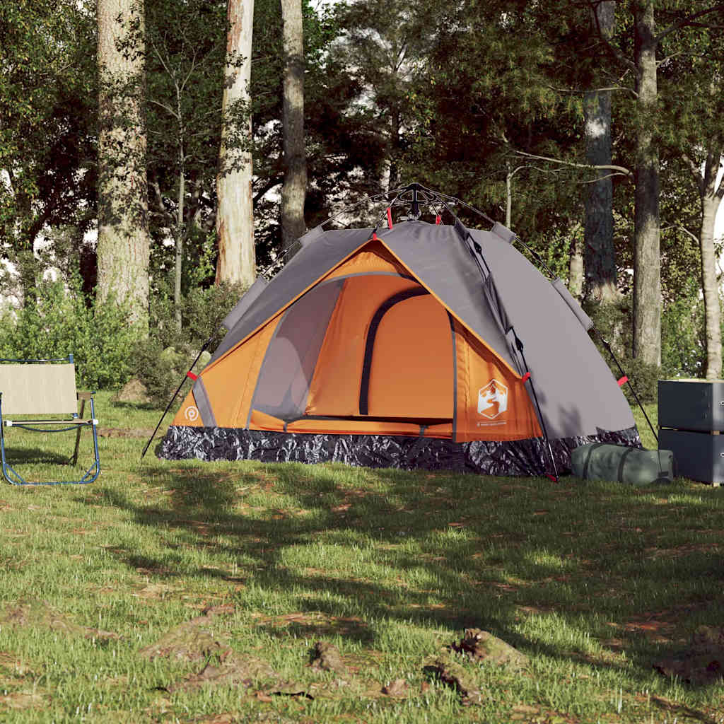 Camping tent, grey and orange, two-person, dome-shaped