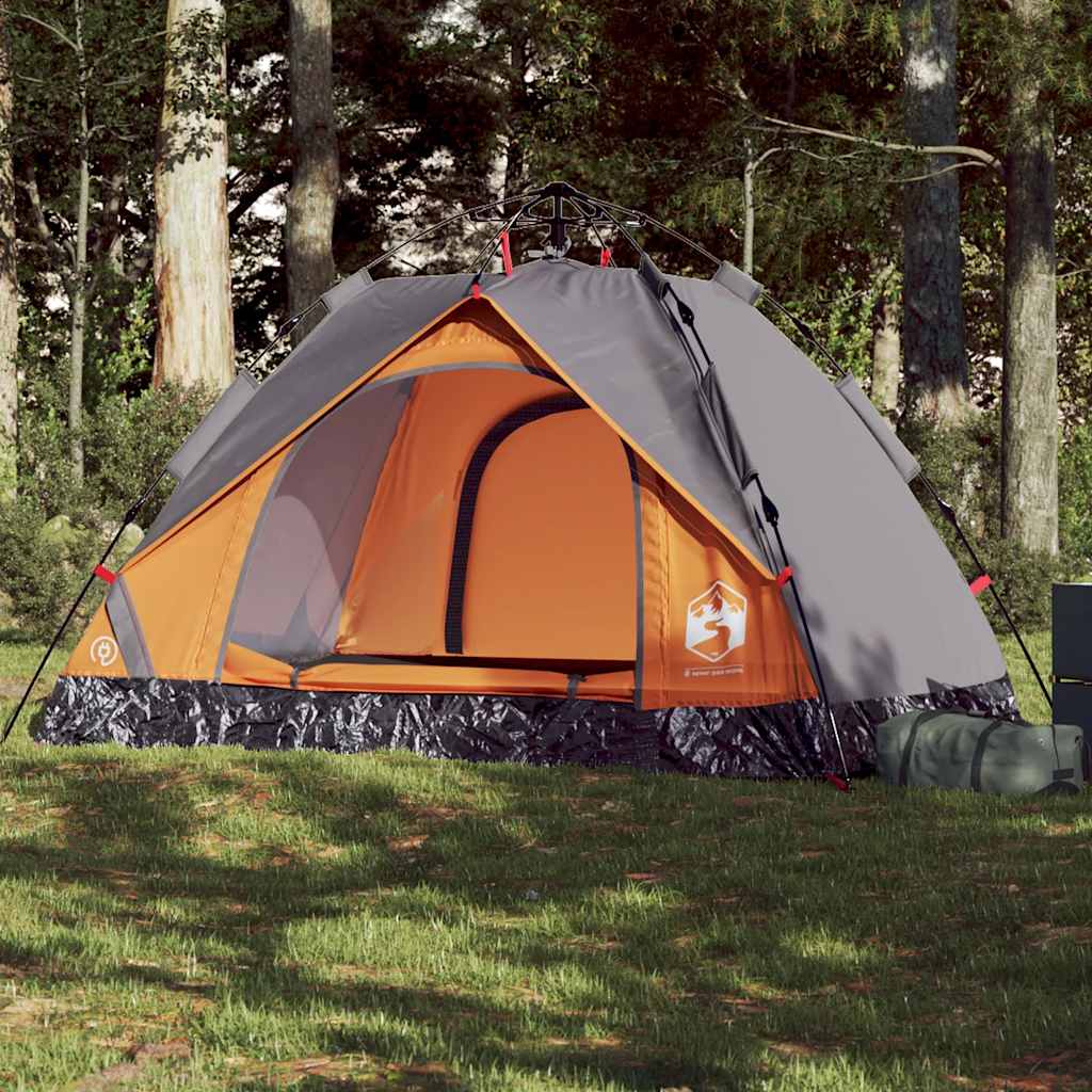 Camping tent, grey and orange, two-person, dome-shaped