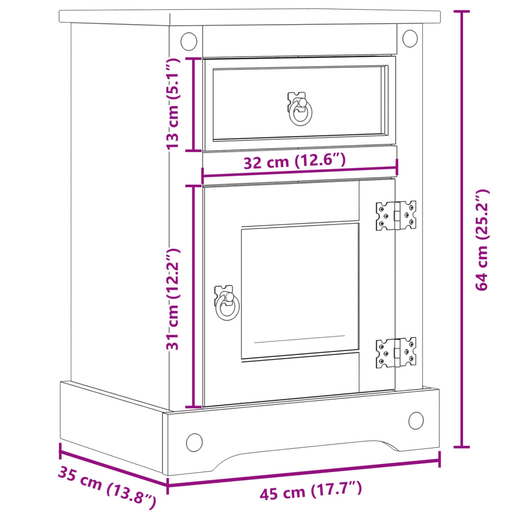 Bedside table Corona, 45x35x64cm, solid pine wood