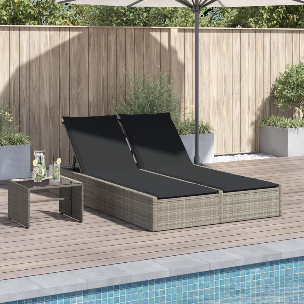 Two-seater sun lounger with cushions, grey, poly rattan