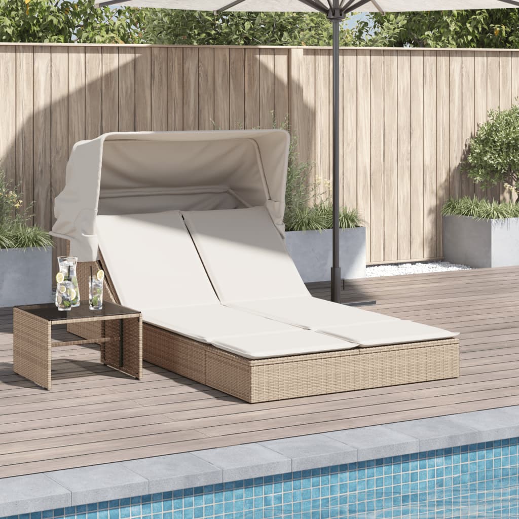 Two-seater sun lounger, sand-coloured, poly rattan