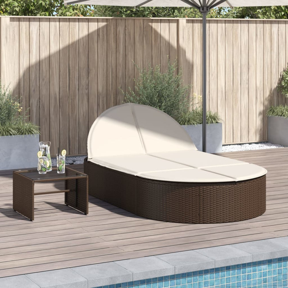 Double sun lounger with cushions, brown, poly rattan