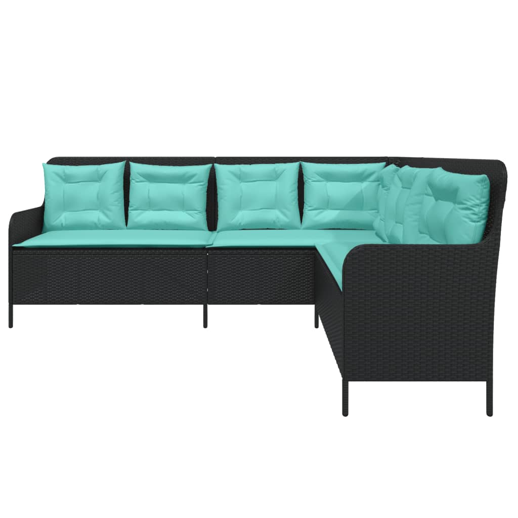 Sodo sofa su pagalvėlėmis, L formos, juodas, poliratanas