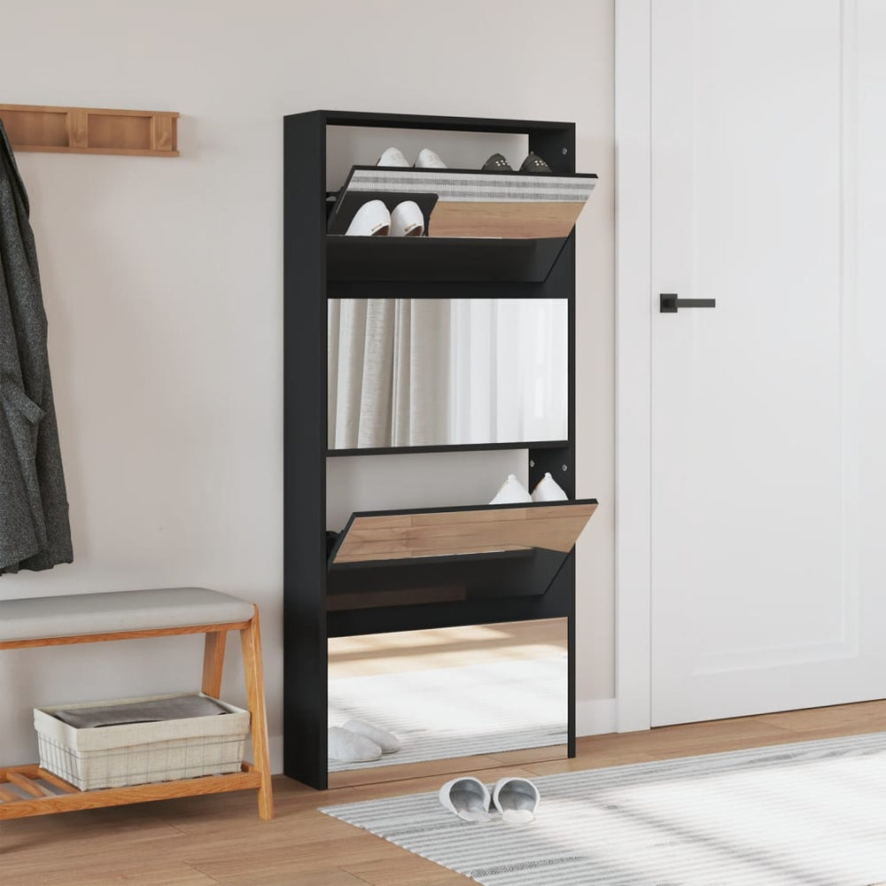 Shoe cabinet with mirror, 4-tier, black, 63x17x134cm