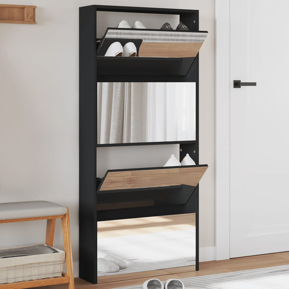 Shoe cabinet with mirror, 4-tier, black, 63x17x134cm
