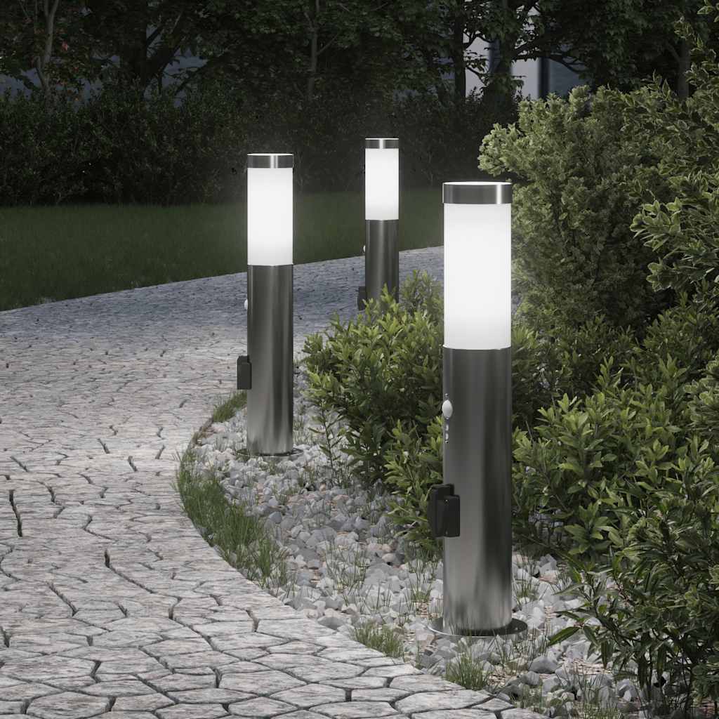 Apšvietimo stulpeliai su jutikliu ir lizdu, 3 vnt., 50 cm, nerūdijantis plienas, IP44
