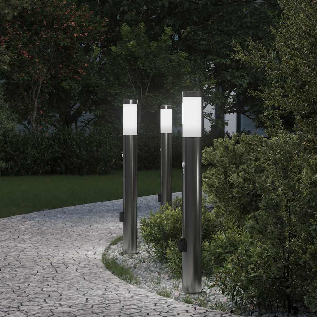 Apšvietimo stulpeliai su jutikliu ir lizdu, 3 vnt., 80 cm, nerūdijantis plienas, IP44