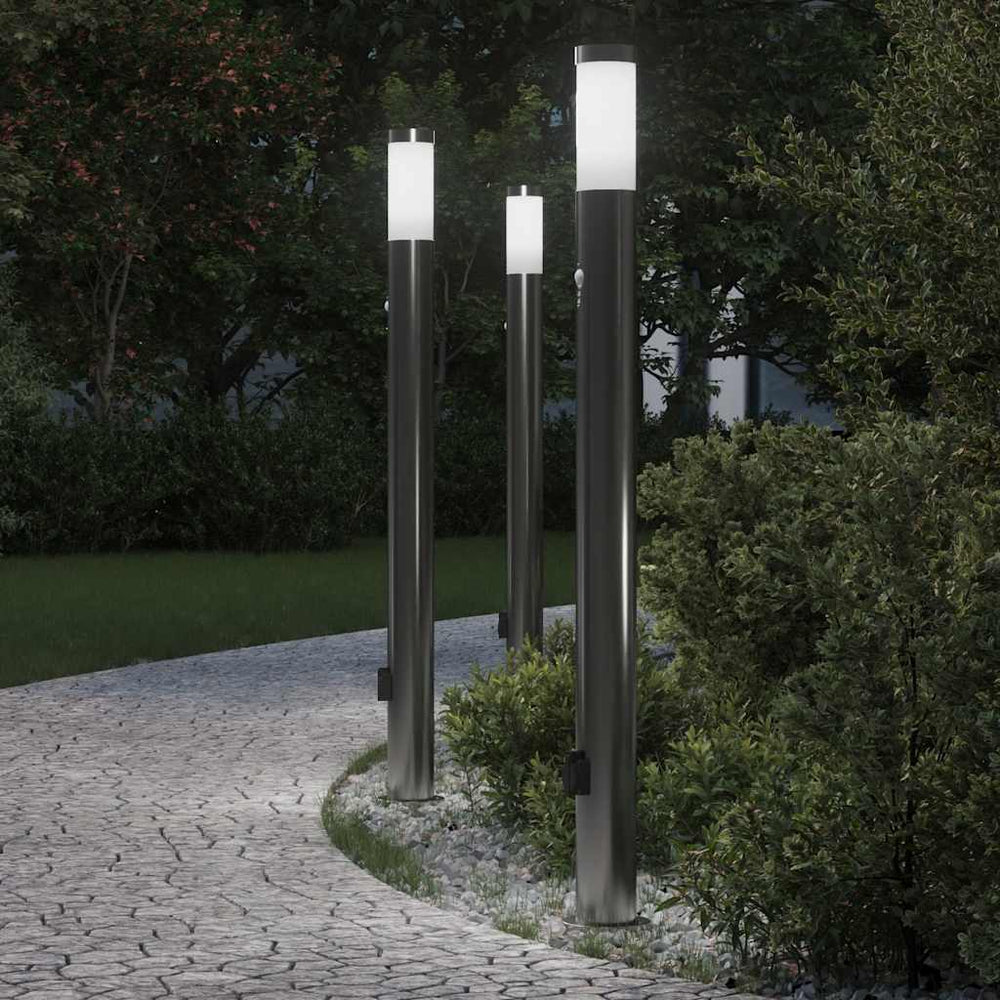 Apšvietimo stulpeliai su jutikliu ir lizdu, 3 vnt., 110 cm, nerūdijantis plienas, IP44