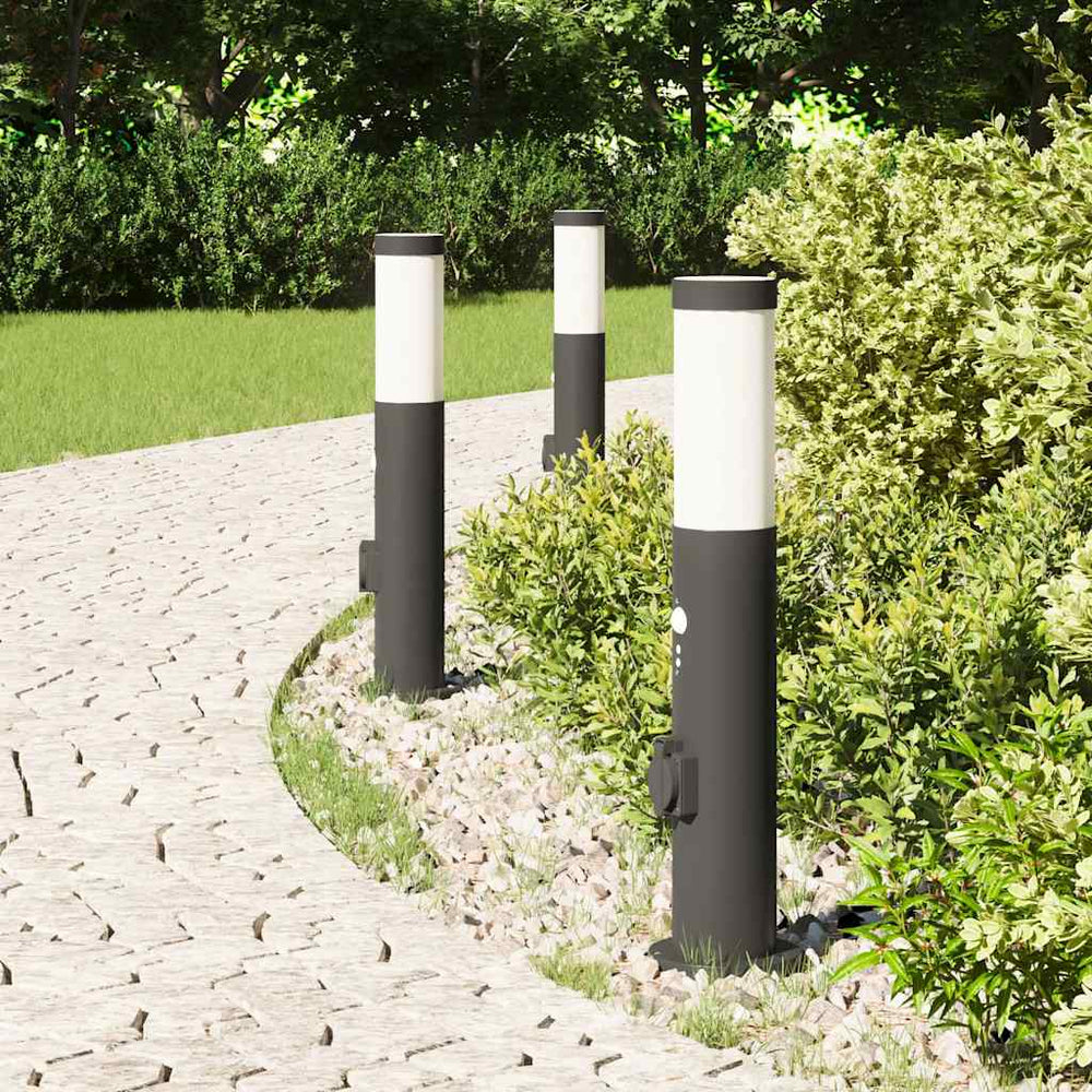 Apšvietimo stulpeliai su jutikliu ir lizdu, 3 vnt., 50 cm, nerūdijantis plienas, IP44
