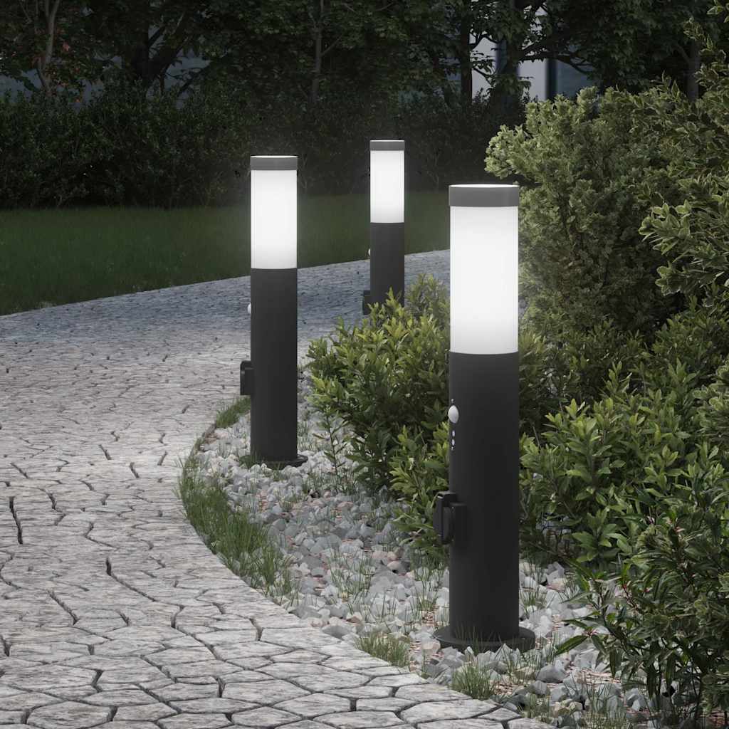 Apšvietimo stulpeliai su jutikliu ir lizdu, 3 vnt., 50 cm, nerūdijantis plienas, IP44