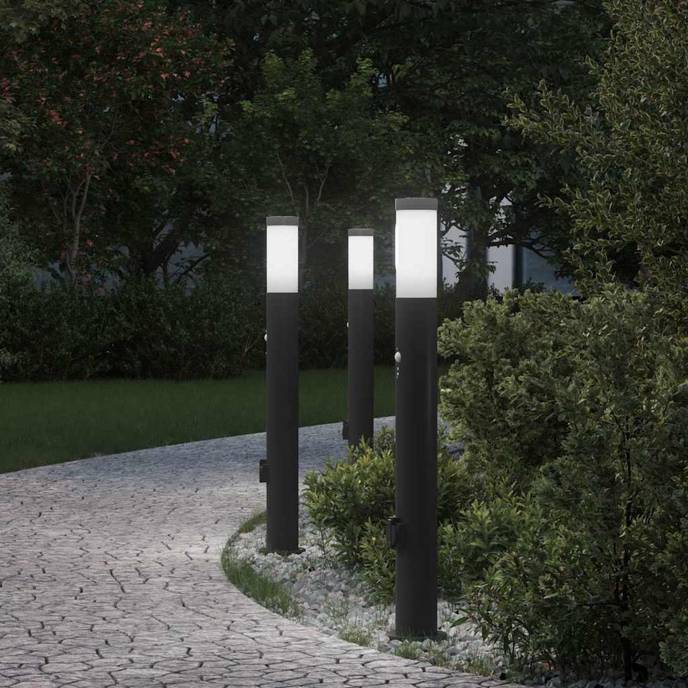 Apšvietimo stulpeliai su jutikliu ir lizdu, 3 vnt., 80 cm, nerūdijantis plienas, IP44