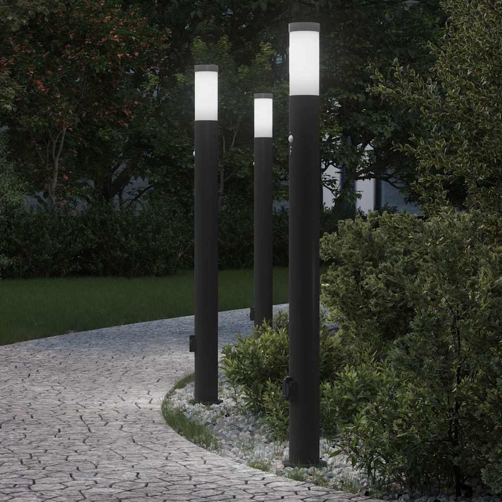 Apšvietimo stulpeliai su jutikliu ir lizdu, 3 vnt., 110 cm, nerūdijantis plienas, IP44