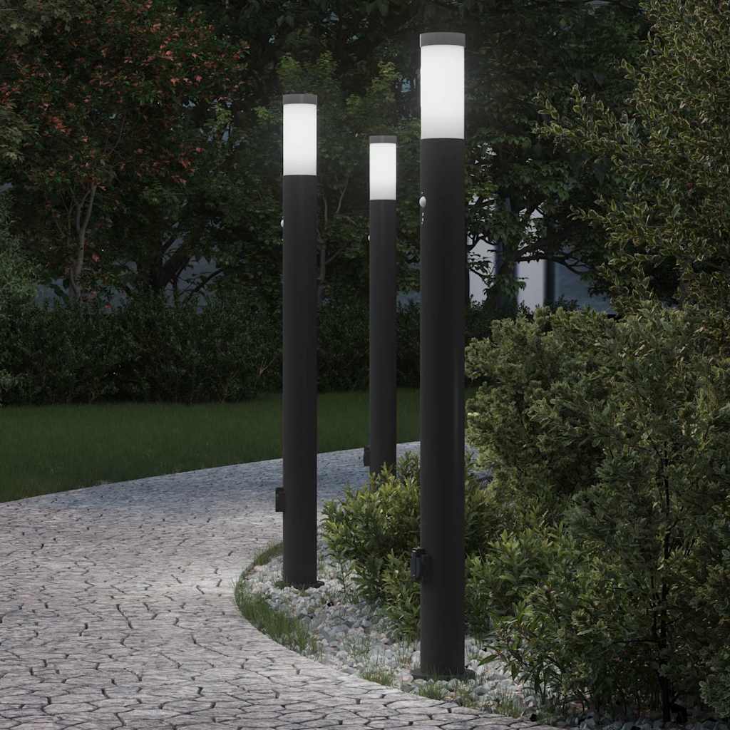 Apšvietimo stulpeliai su jutikliu ir lizdu, 3 vnt., 110 cm, nerūdijantis plienas, IP44