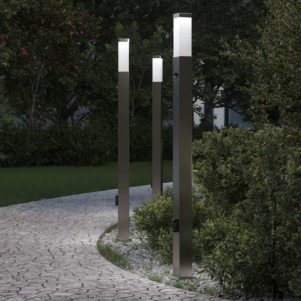 Apšvietimo stulpeliai su jutikliu ir lizdu, 3 vnt., 110 cm, nerūdijantis plienas, IP44