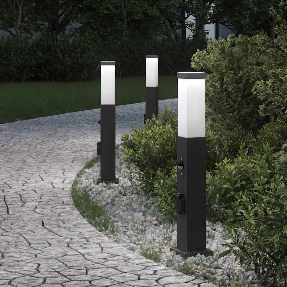 Apšvietimo stulpeliai su jutikliu ir lizdu, 3 vnt., 50 cm, juodi, IP44